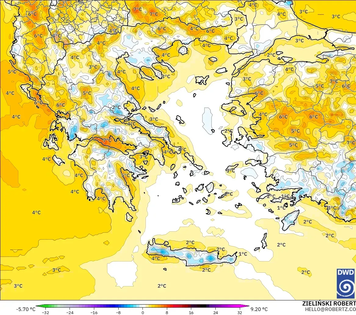 ICON modelo - Grecia, Anomalía de temperatura a 2 m