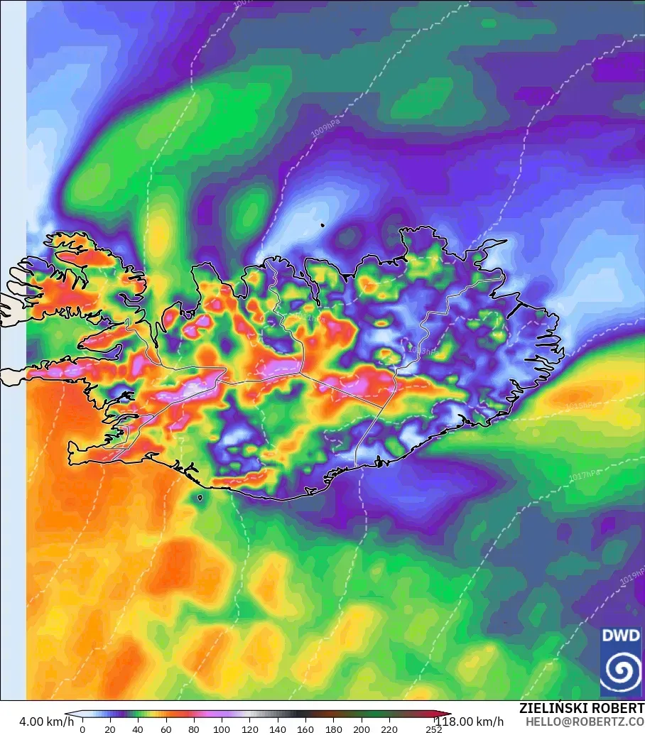 ICON modelo - Islandia, Ráfagas de Viento Máximas