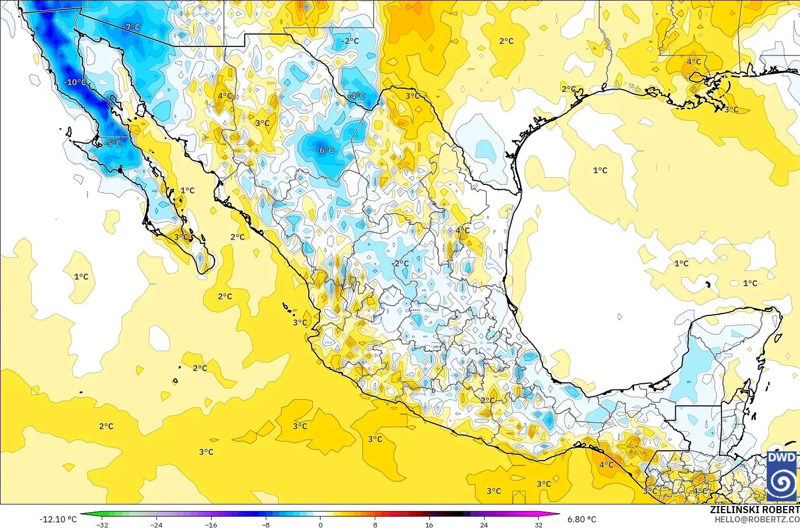 ICON modelo - México, Anomalía de temperatura a 2 m
