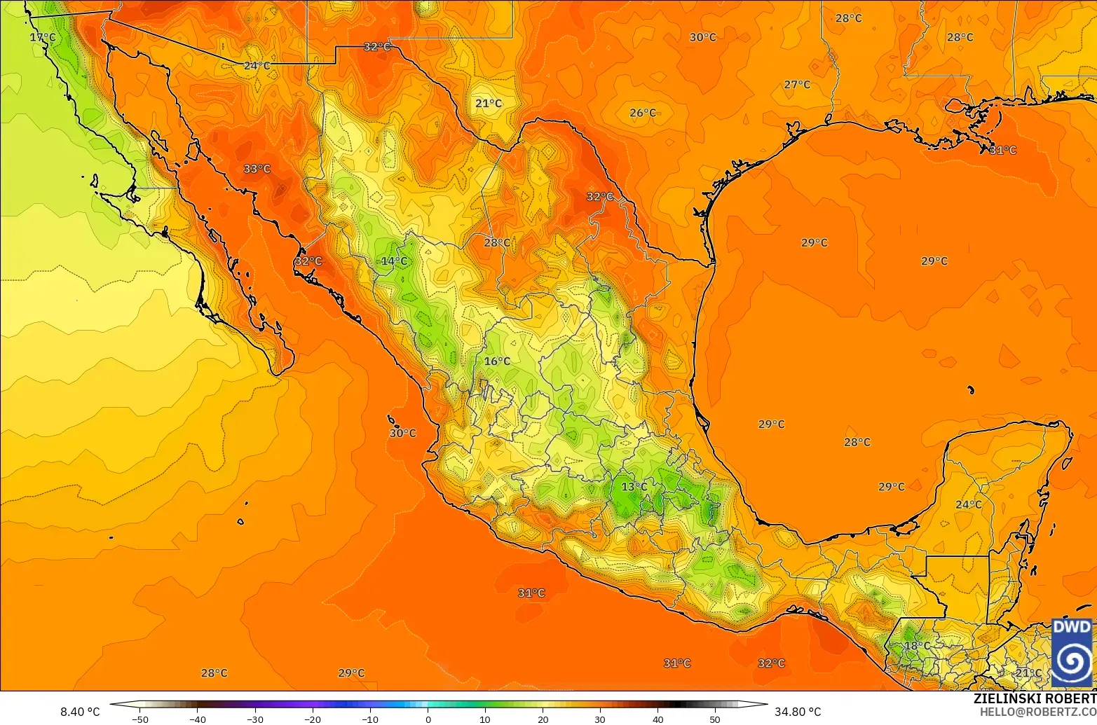 ICON modelo - México, Temperatura a 2 m