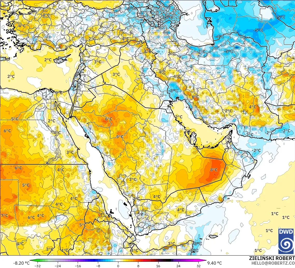 ICON modelo - Oriente Medio, Anomalía de temperatura a 2 m