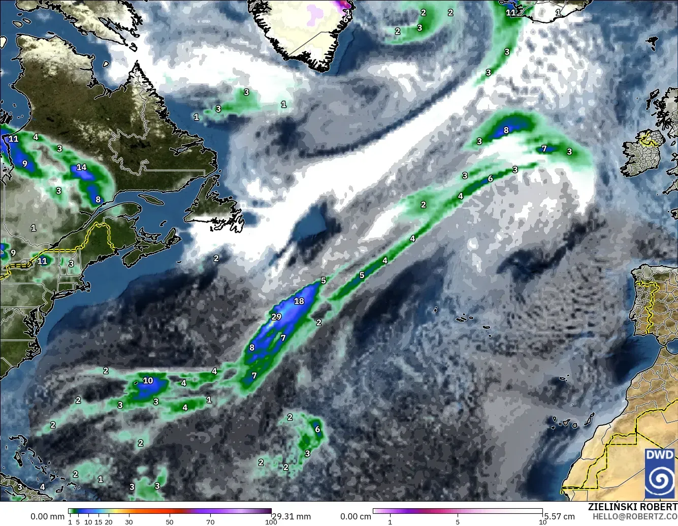 ICON modelo - Norte Atlántico, Precipitación, nubes y presión