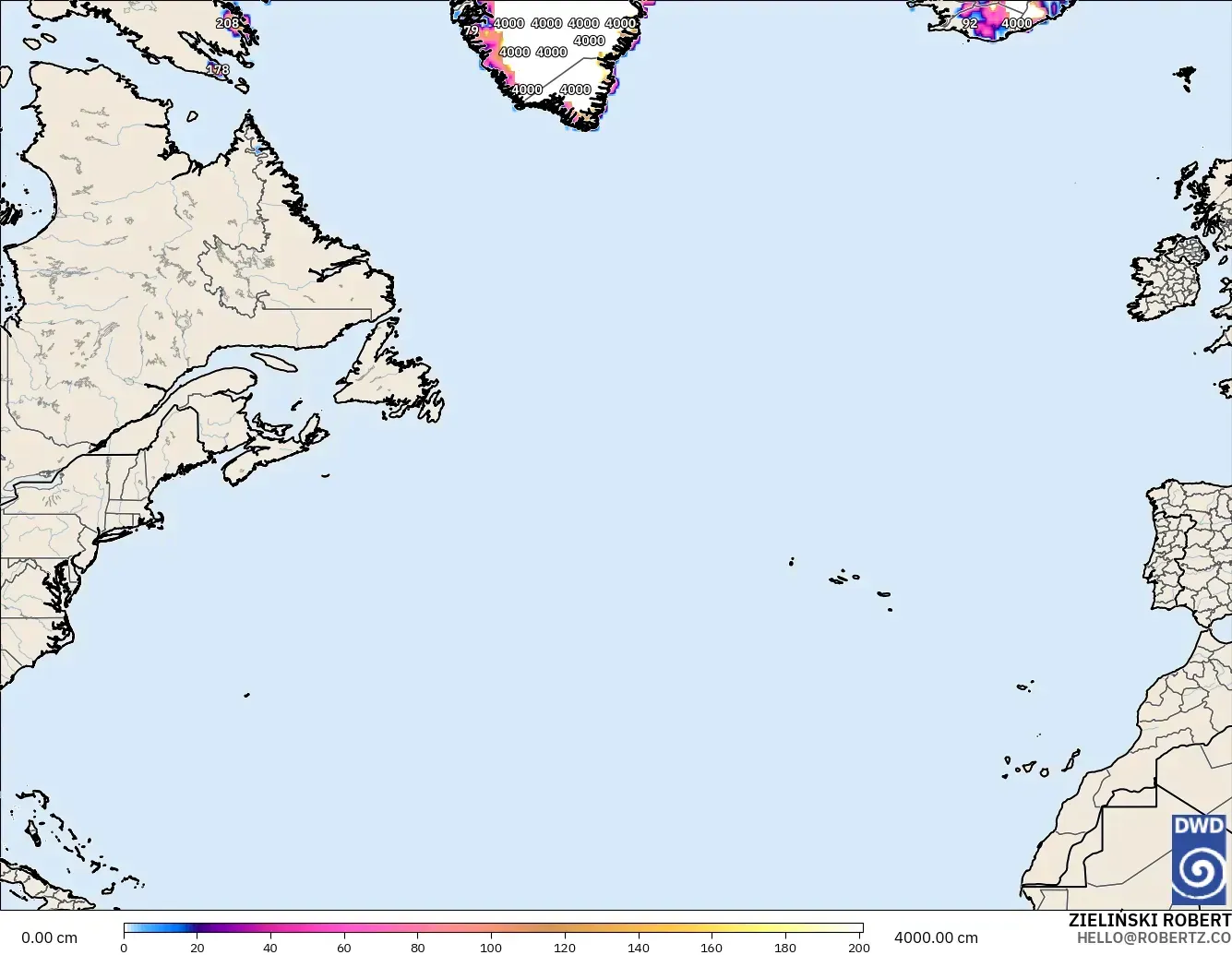 ICON modelo - Norte Atlántico, Profundidad de nieve