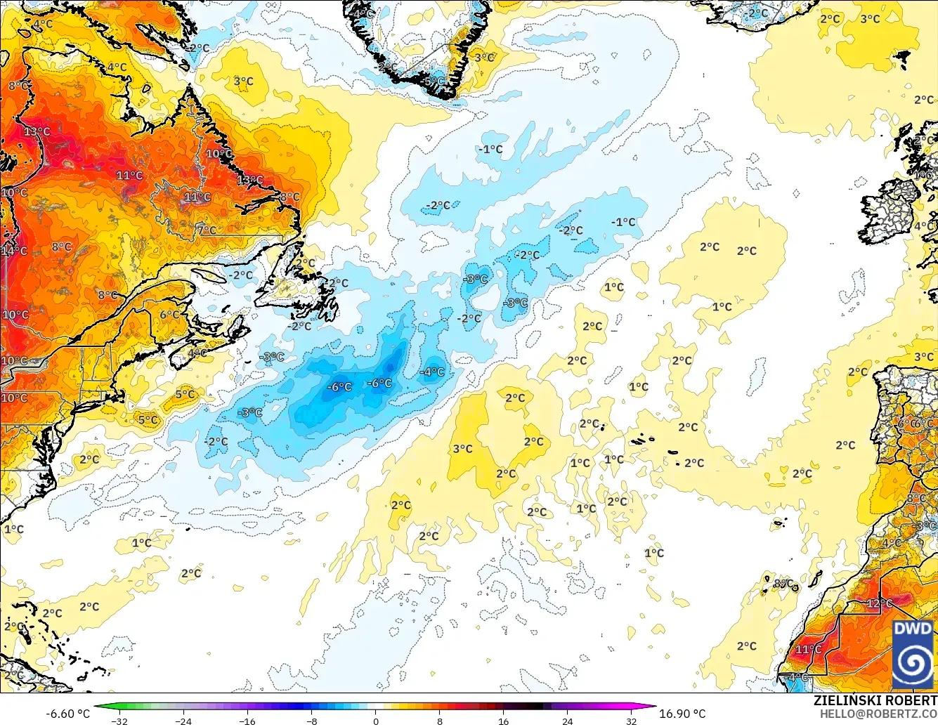 ICON modelo - Norte Atlántico, Anomalía de temperatura a 2 m