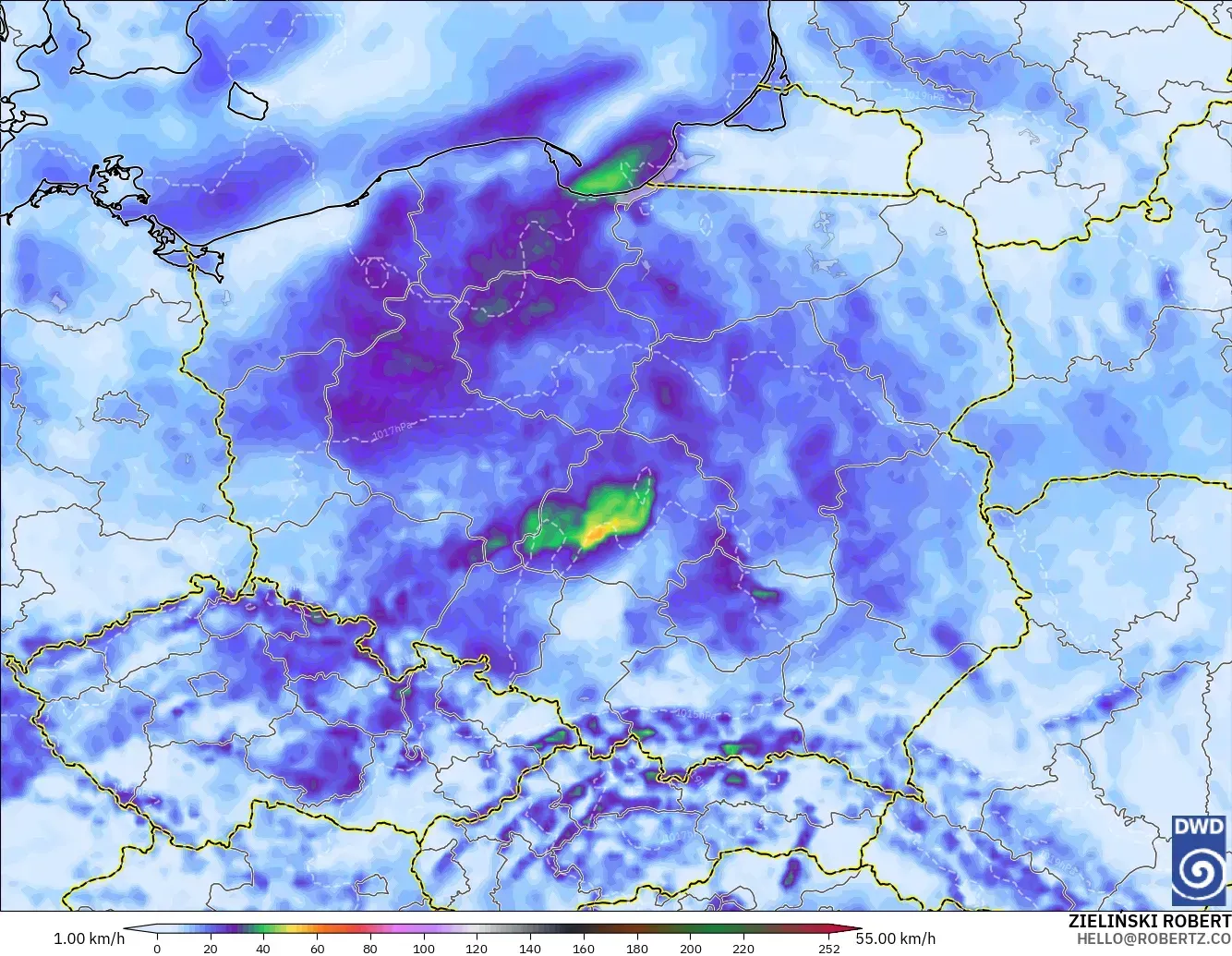 ICON modelo - Polonia, Ráfagas de Viento Máximas