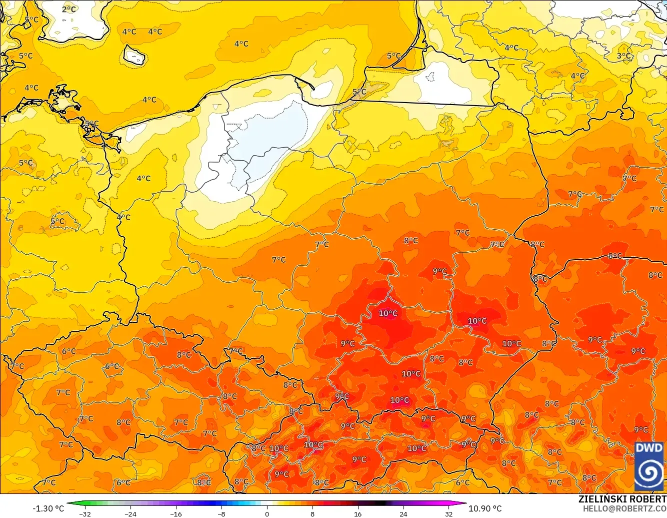 ICON modelo - Polonia, Anomalía de temperatura a 2 m