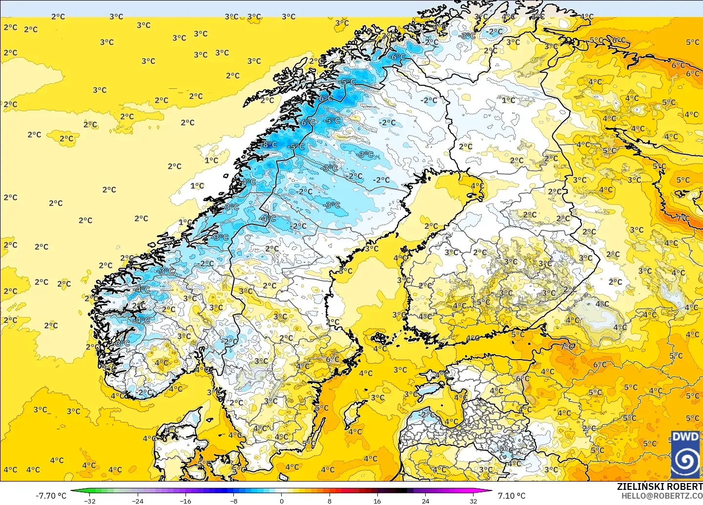 ICON modelo - Escandinavia, Anomalía de temperatura a 2 m