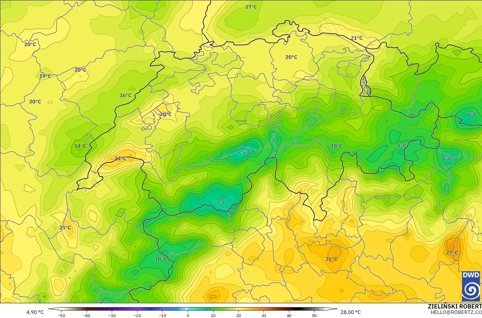 ICON modelo - Suiza, Temperatura a 2 m