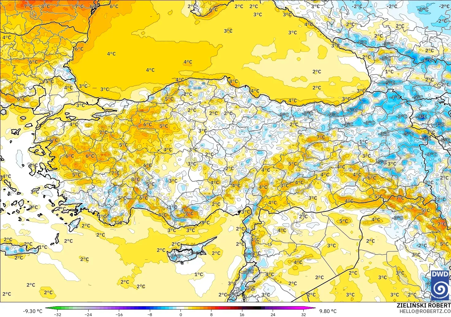 ICON modelo - Turquía, Anomalía de temperatura a 2 m