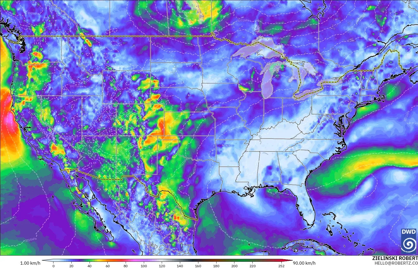 ICON modelo - Estados Unidos, Ráfagas de Viento Máximas