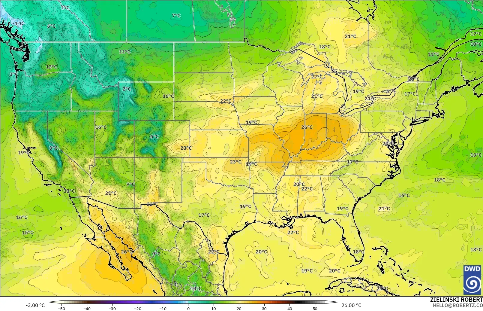 ICON modelo - Estados Unidos, Temperatura a 850 hPa