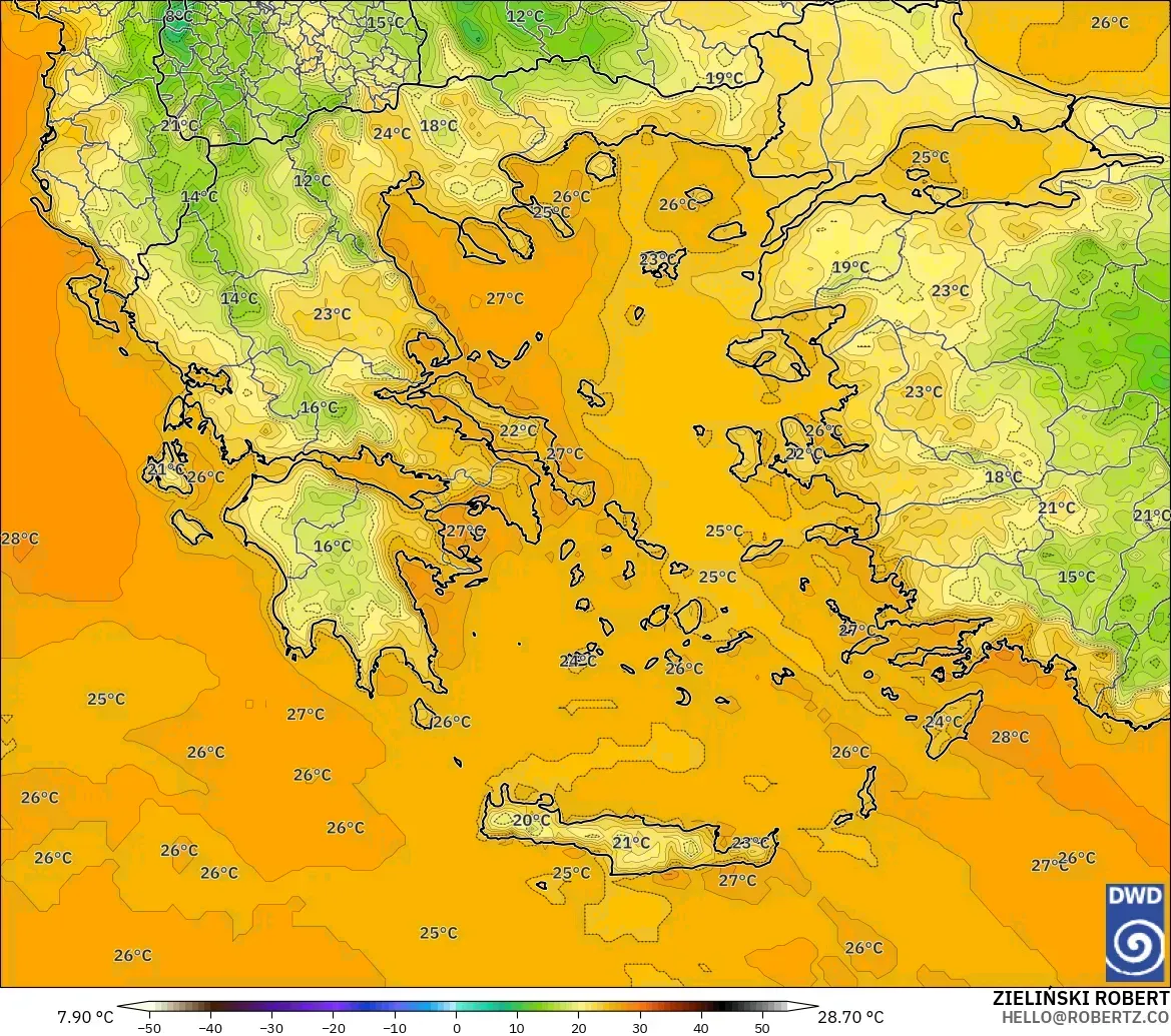 ICON modelo - Grecia, Temperatura a 2 m