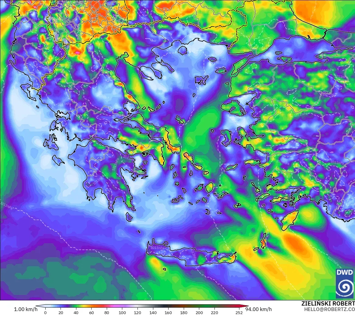 ICON modelo - Grecia, Ráfagas de Viento Máximas