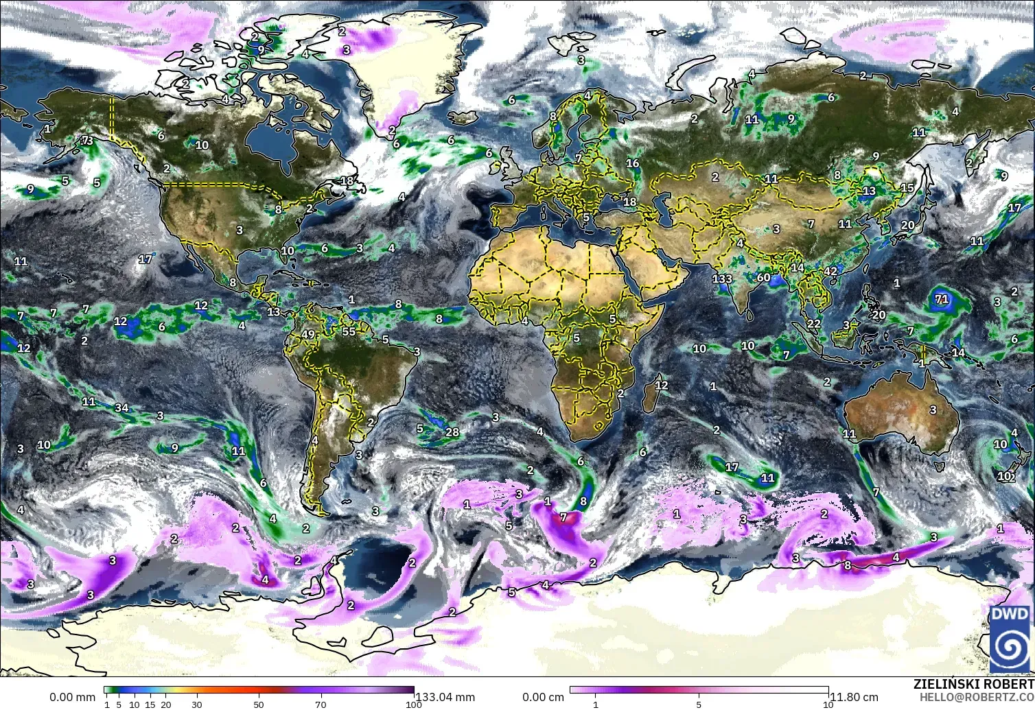 ICON modelo - Mundo, Precipitación, nubes y presión