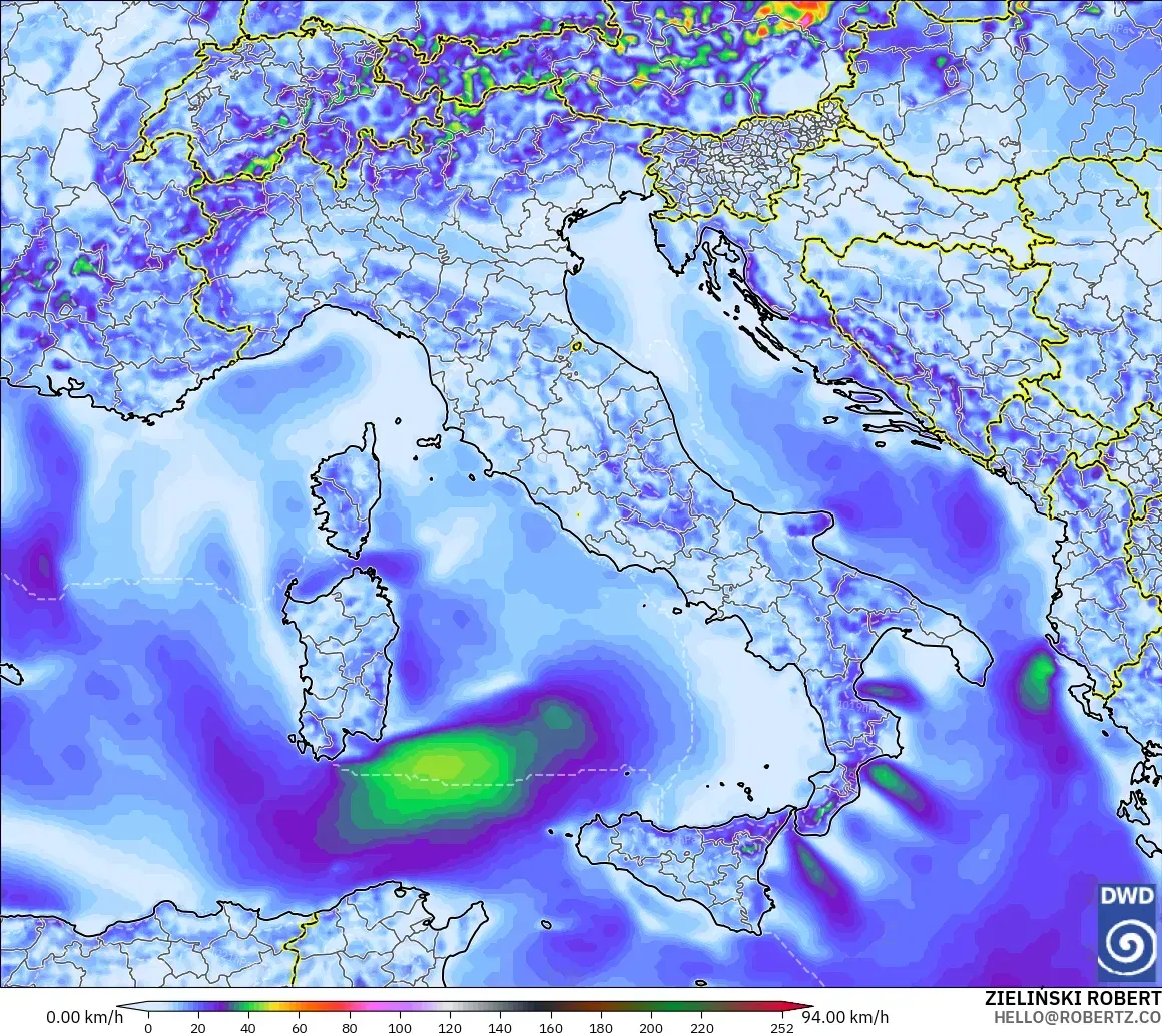 ICON modelo - Italia, Ráfagas de Viento Máximas