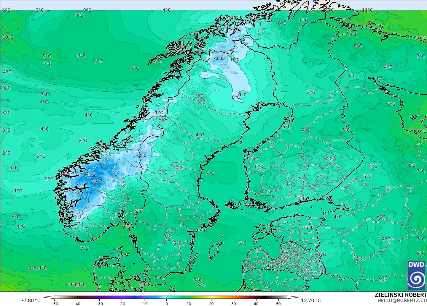 ICON modelo - Escandinavia, Temperatura a 850 hPa