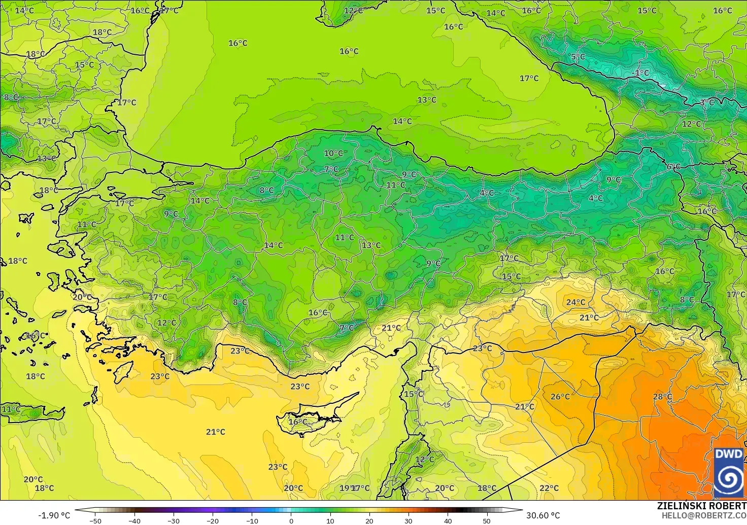 ICON modelo - Turquía, Temperatura a 850 hPa