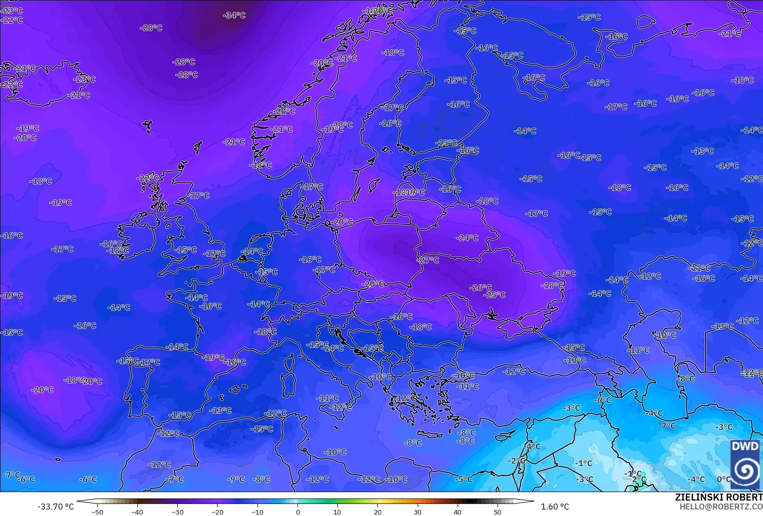 ICON modelo - Europa, Temperatura a 500 hPa
