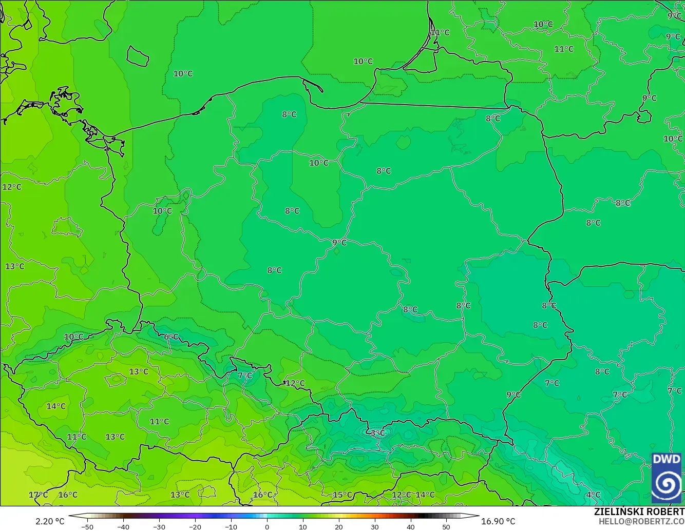 ICON modelo - Polonia, Temperatura a 850 hPa