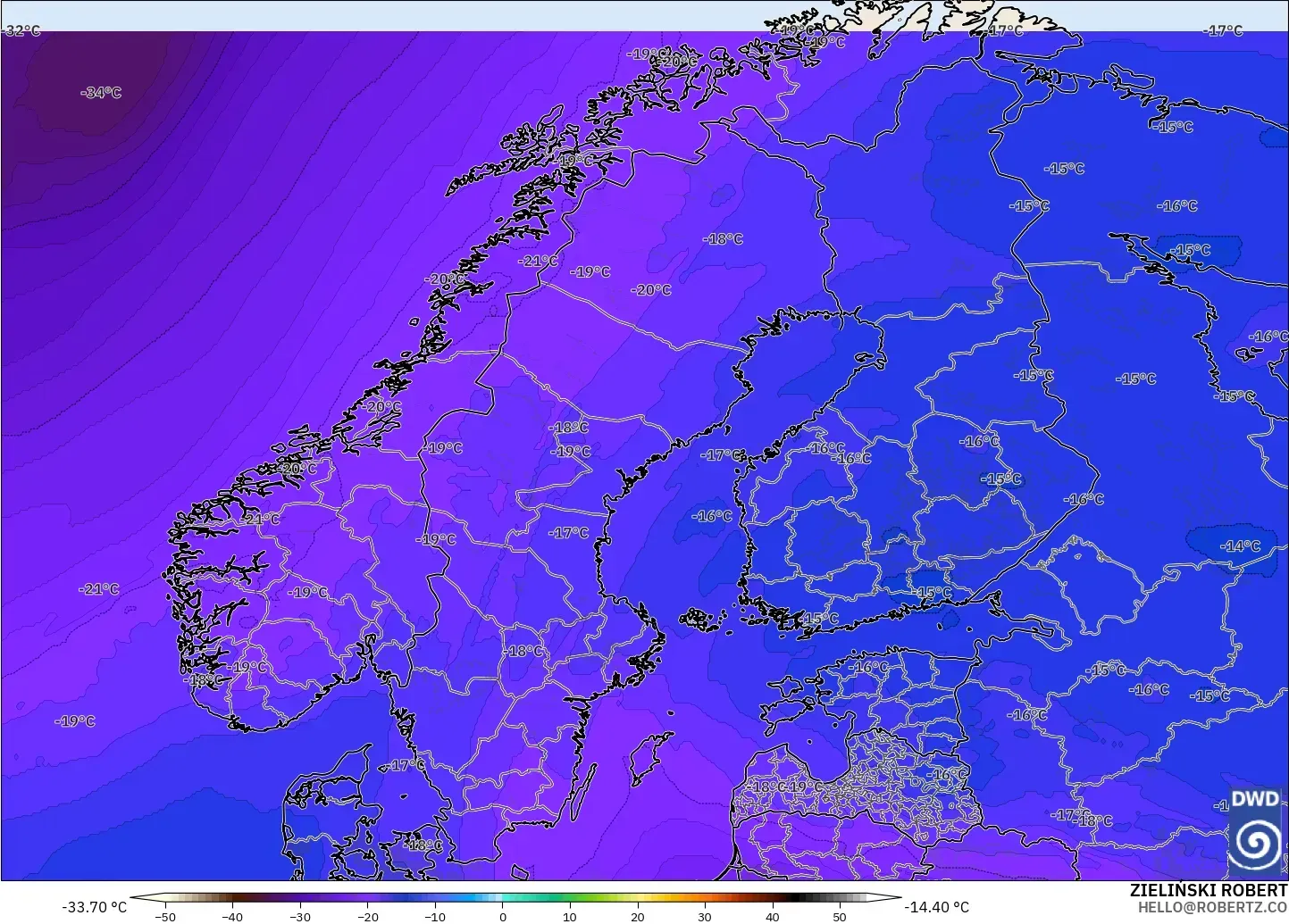 ICON modelo - Escandinavia, Temperatura a 500 hPa