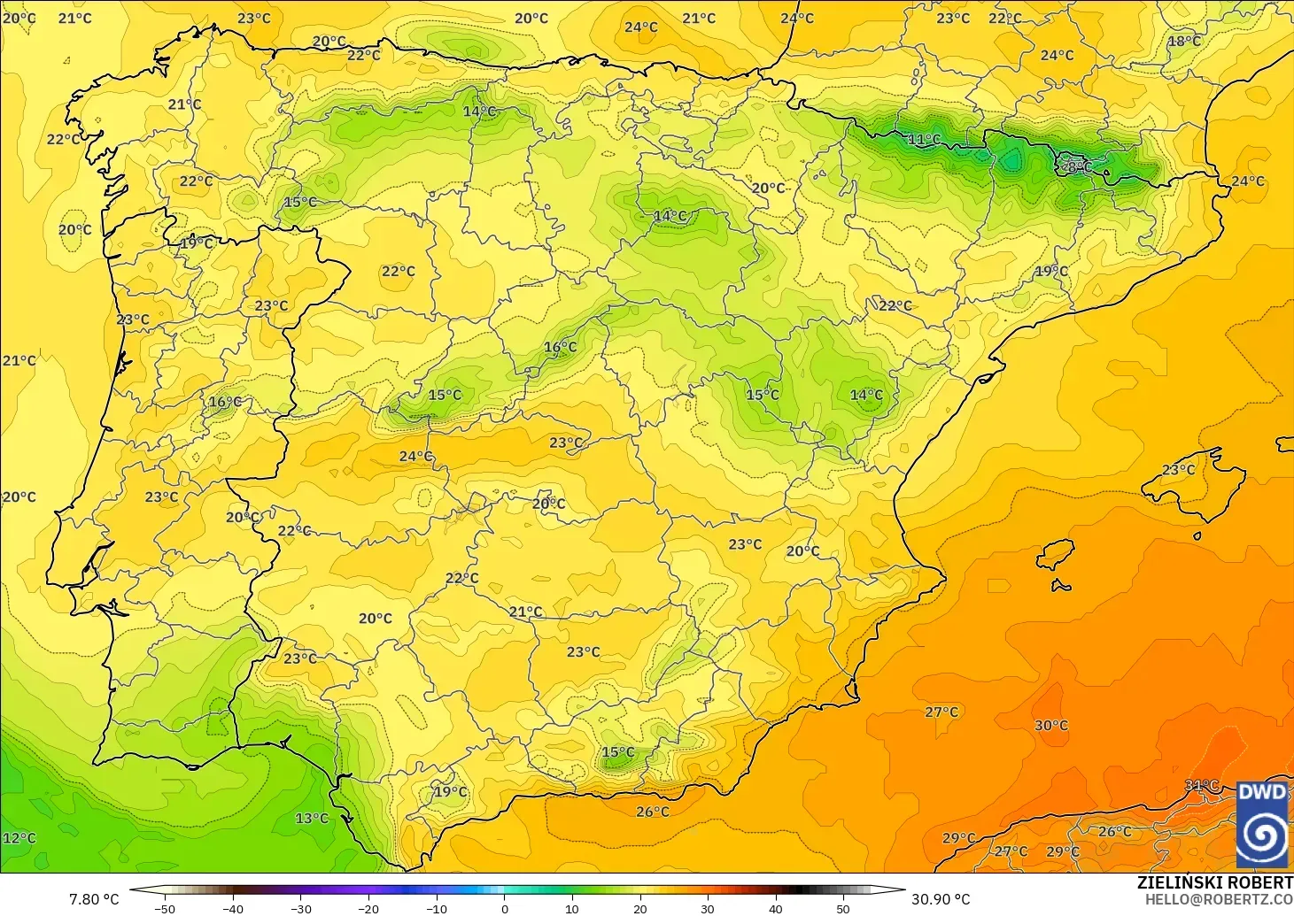 ICON modelo - España, Temperatura a 850 hPa