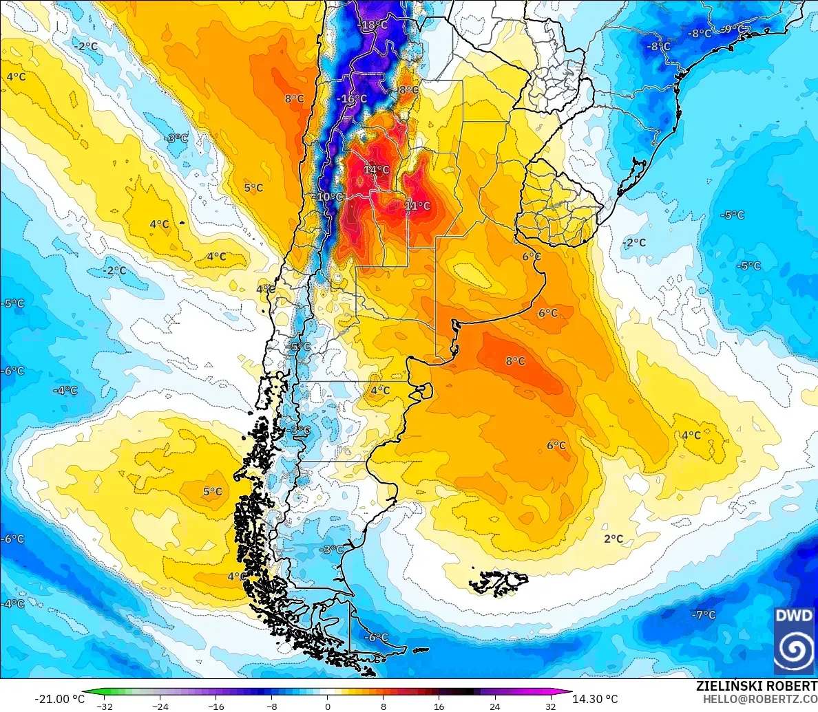 ICON modelo - Argentina, Anomalía de temperatura a 850 hPa