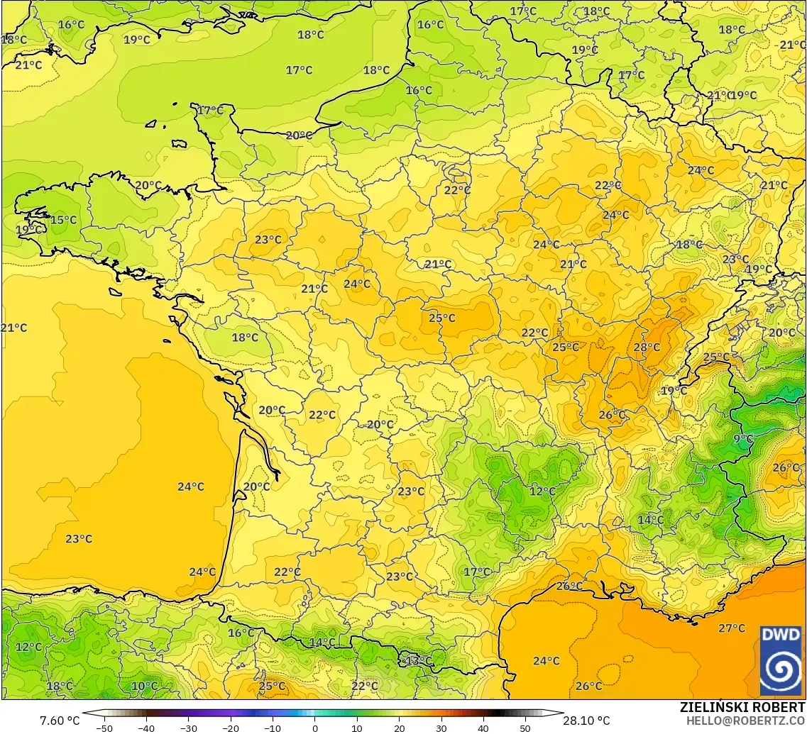 ICON modelo - Francia, Temperatura a 2 m