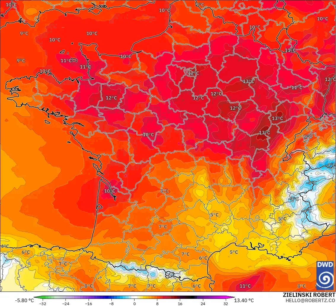 ICON modelo - Francia, Anomalía de temperatura a 850 hPa