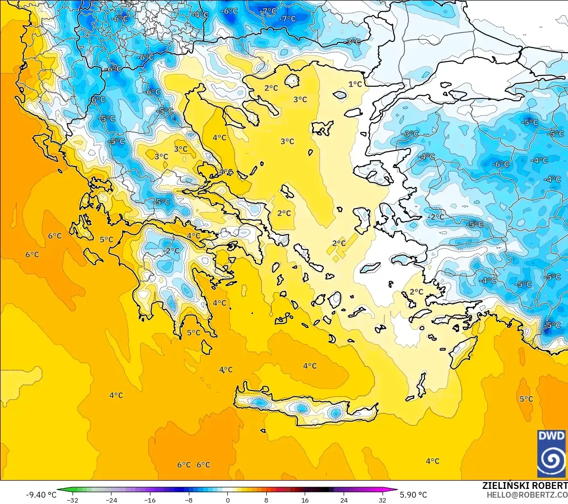 ICON modelo - Grecia, Anomalía de temperatura a 850 hPa
