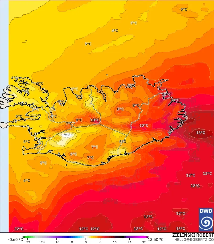 ICON modelo - Islandia, Anomalía de temperatura a 850 hPa