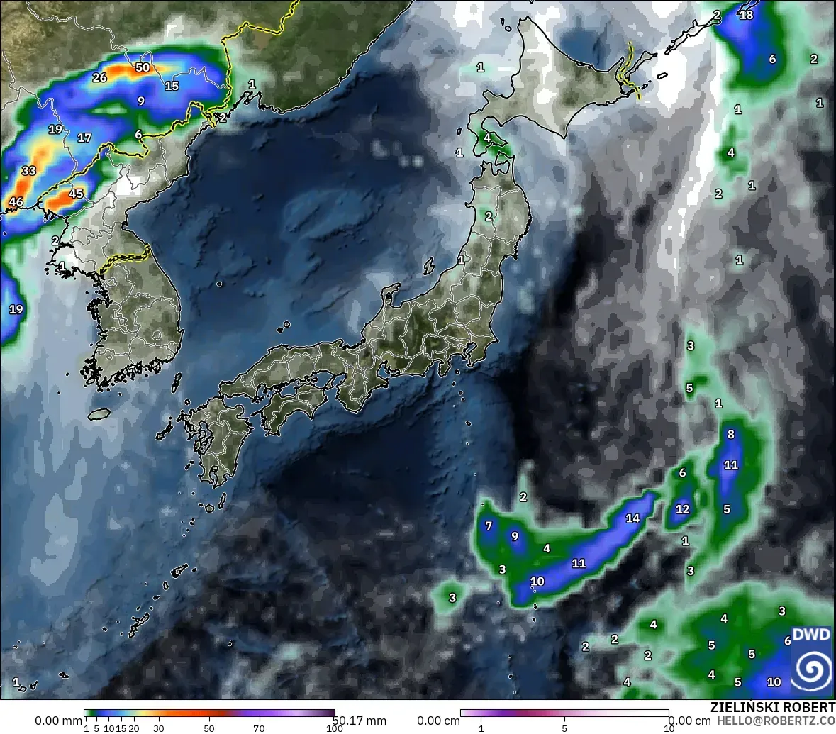 ICON modelo - Japón, Precipitación, nubes y presión