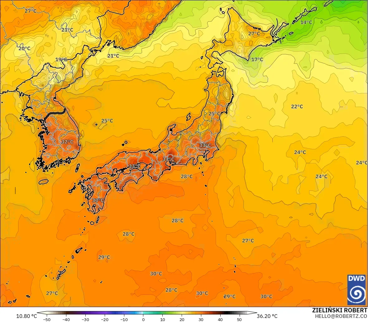 ICON modelo - Japón, Temperatura a 2 m
