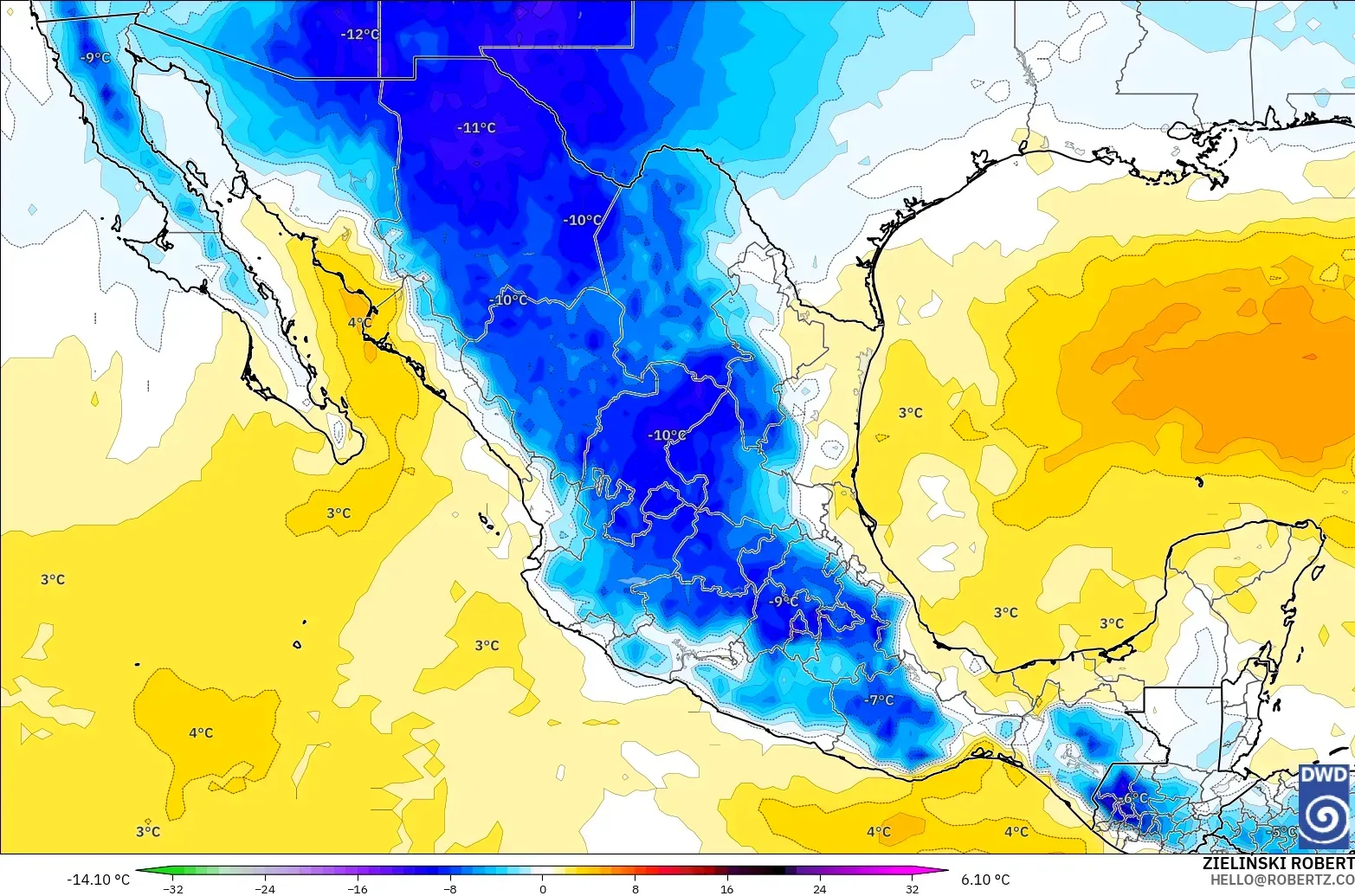 ICON modelo - México, Anomalía de temperatura a 850 hPa