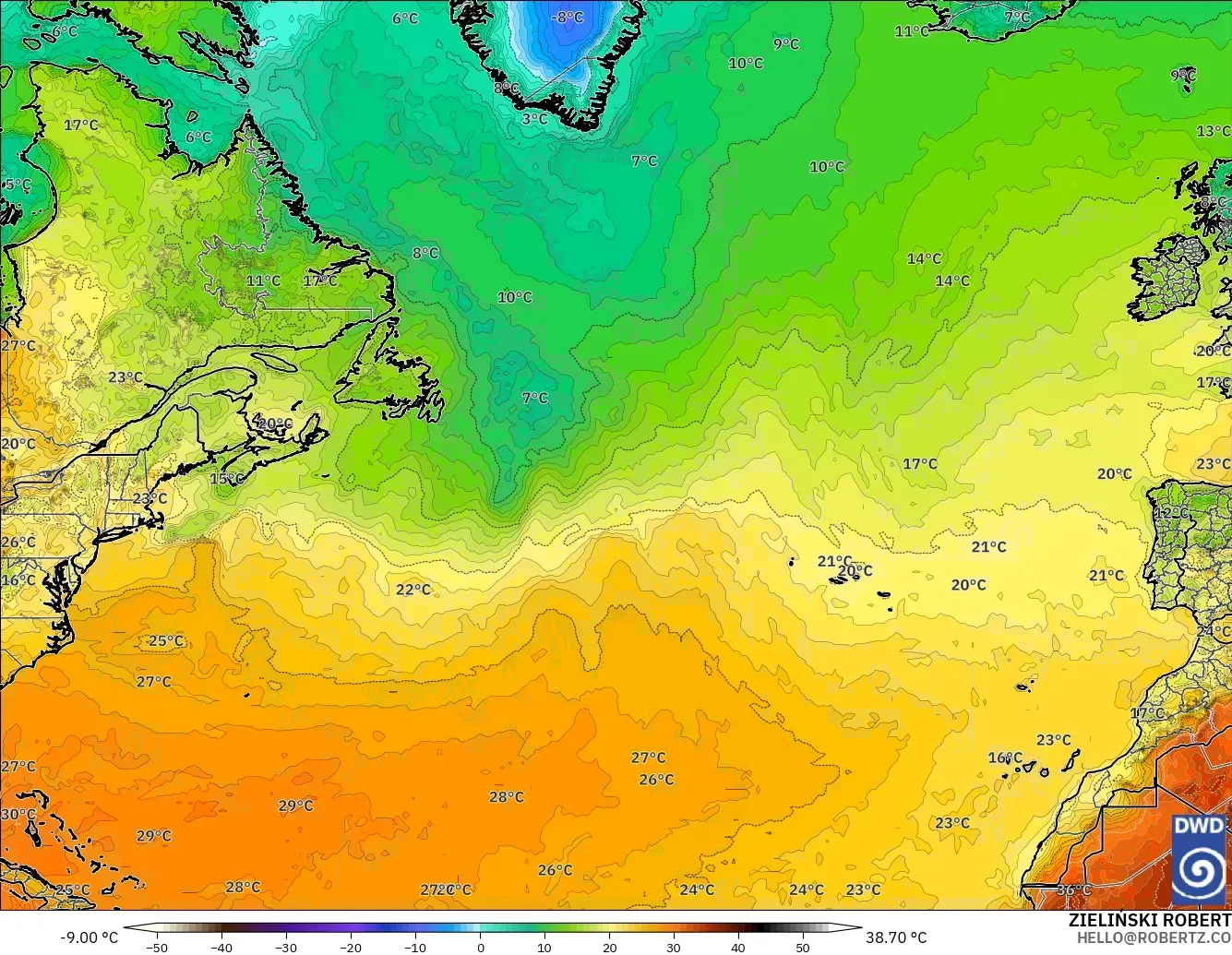 ICON modelo - Norte Atlántico, Temperatura a 2 m