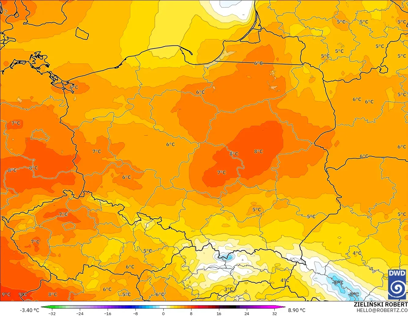 ICON modelo - Polonia, Anomalía de temperatura a 850 hPa