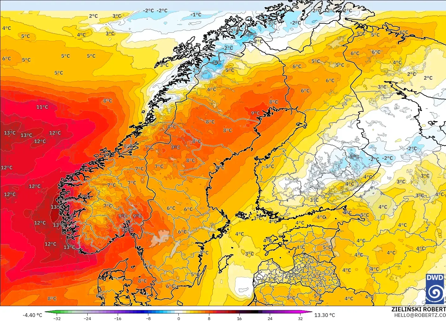 ICON modelo - Escandinavia, Anomalía de temperatura a 850 hPa