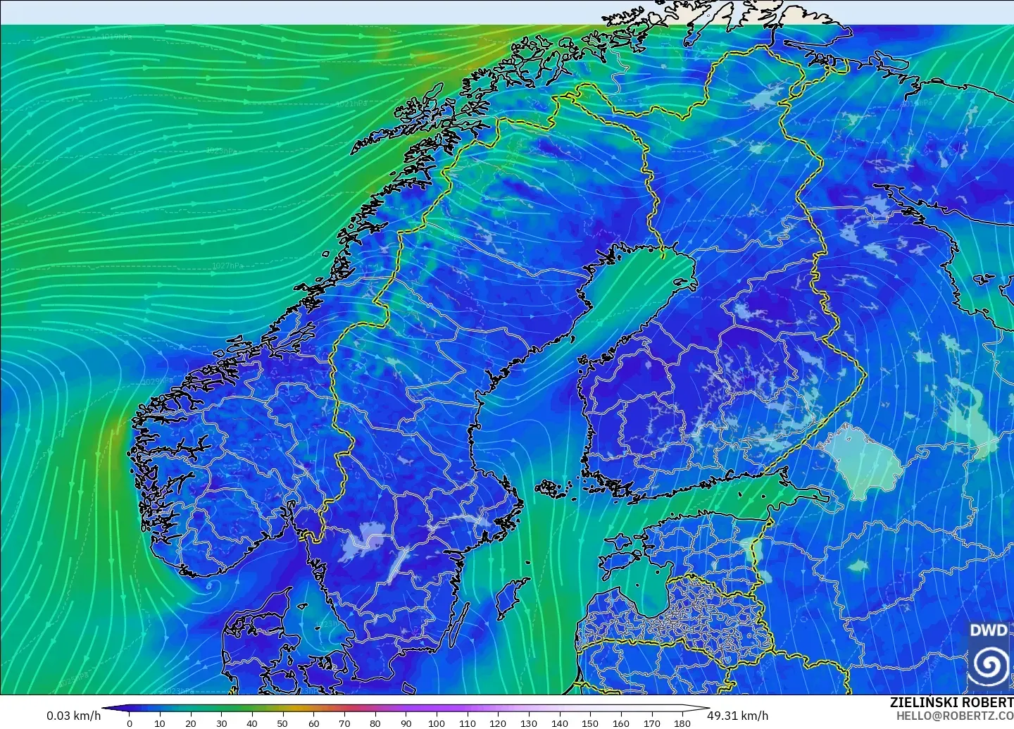 ICON modelo - Escandinavia, Viento a 10 m