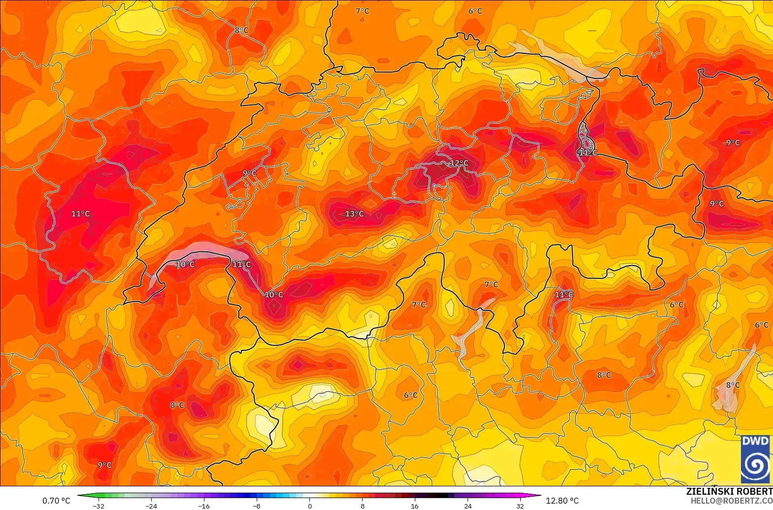 ICON modelo - Suiza, Anomalía de temperatura a 2 m