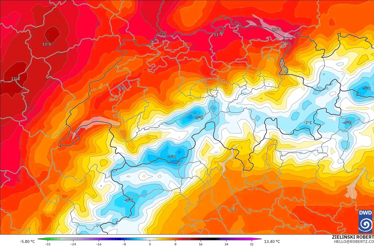 ICON modelo - Suiza, Anomalía de temperatura a 850 hPa