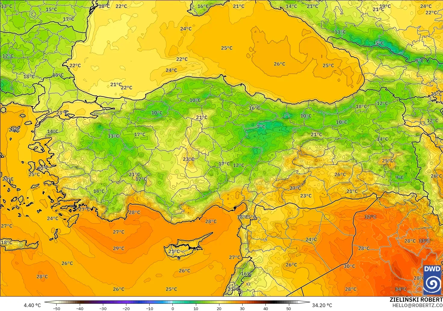 ICON modelo - Turquía, Temperatura a 2 m