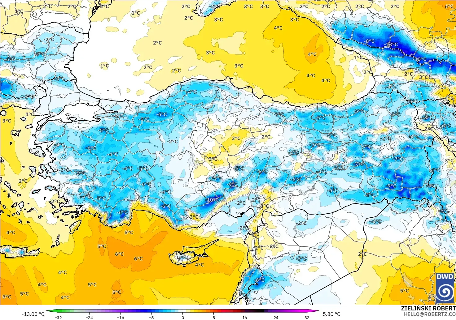 ICON modelo - Turquía, Anomalía de temperatura a 850 hPa