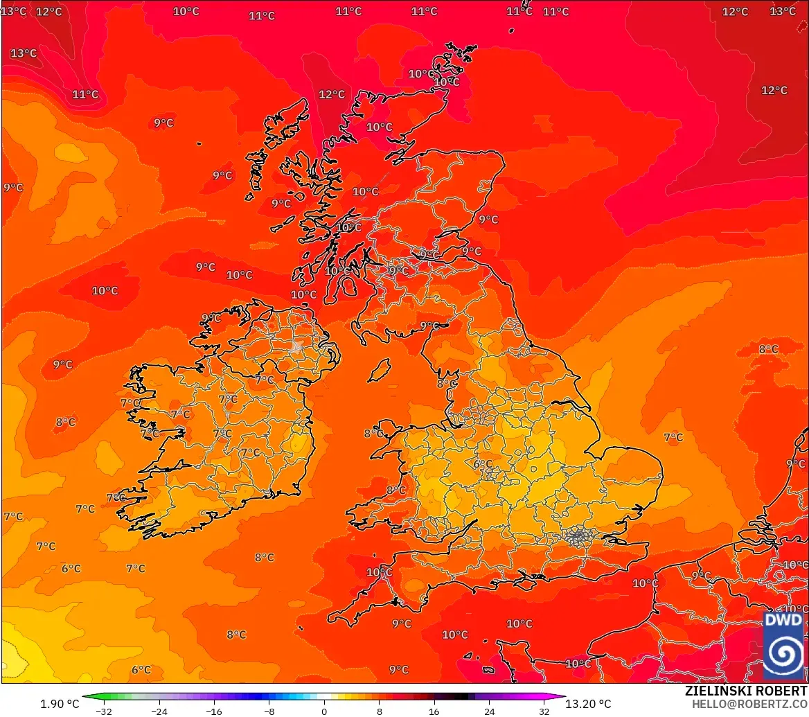 ICON modelo - Reino Unido, Anomalía de temperatura a 850 hPa