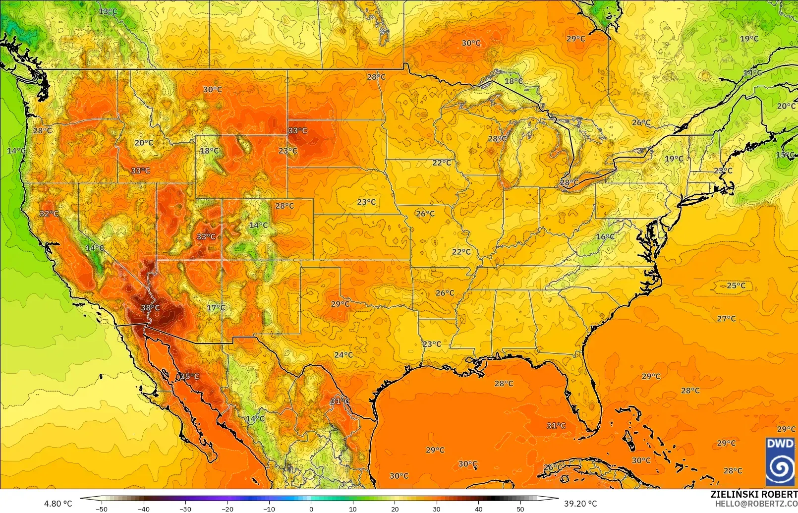 ICON modelo - Estados Unidos, Temperatura a 2 m