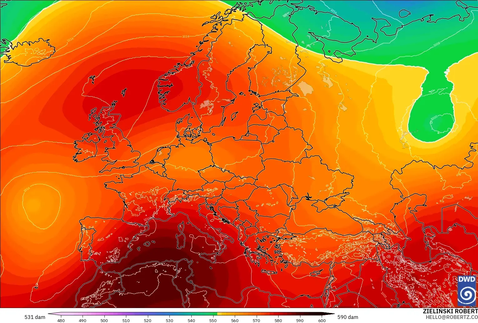 ICON modelo - Europa, Altura geopotencial a 500 hPa