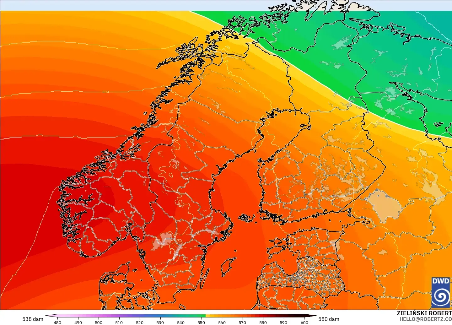 ICON modelo - Escandinavia, Altura geopotencial a 500 hPa