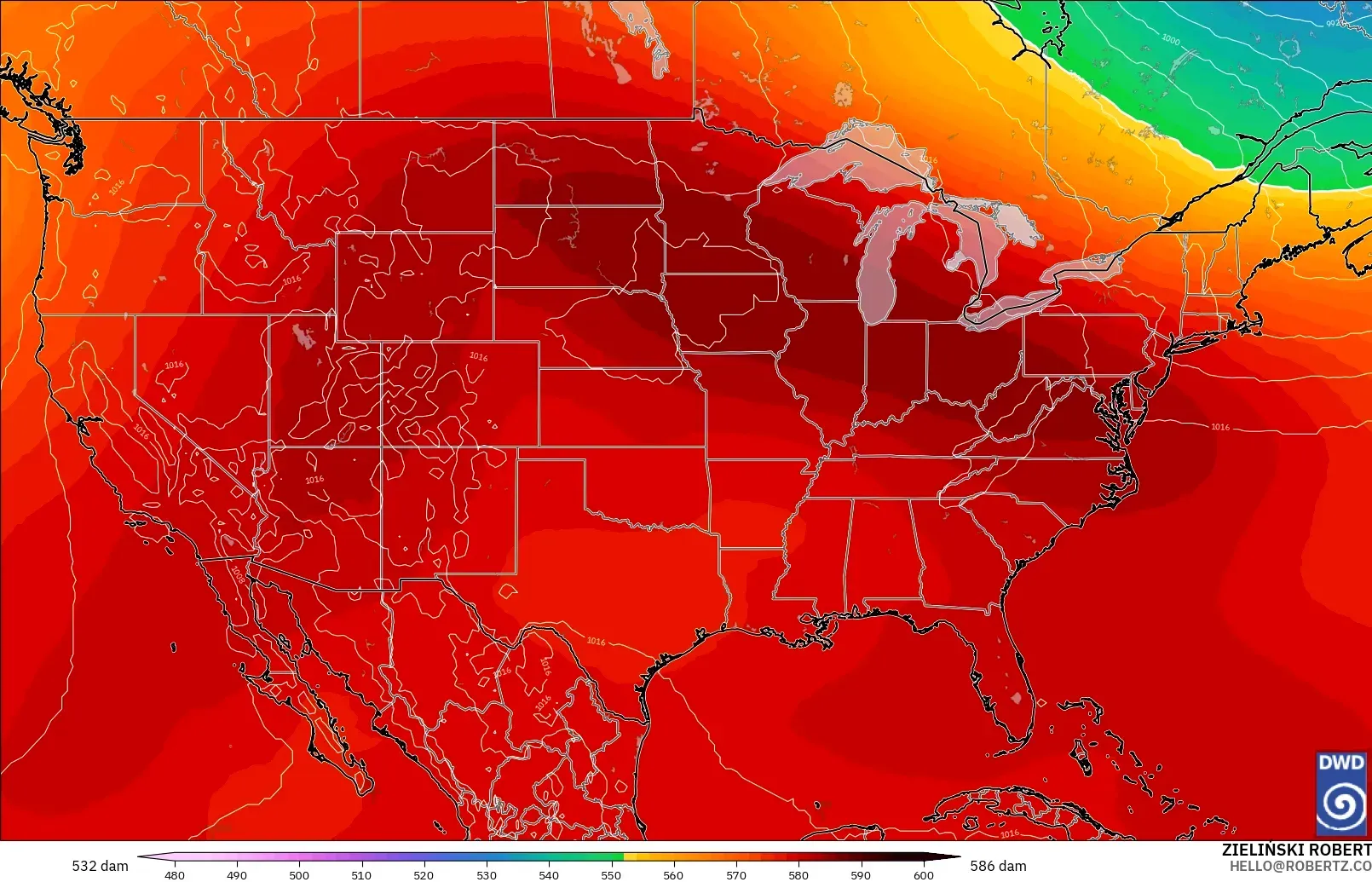 ICON modelo - Estados Unidos, Altura geopotencial a 500 hPa