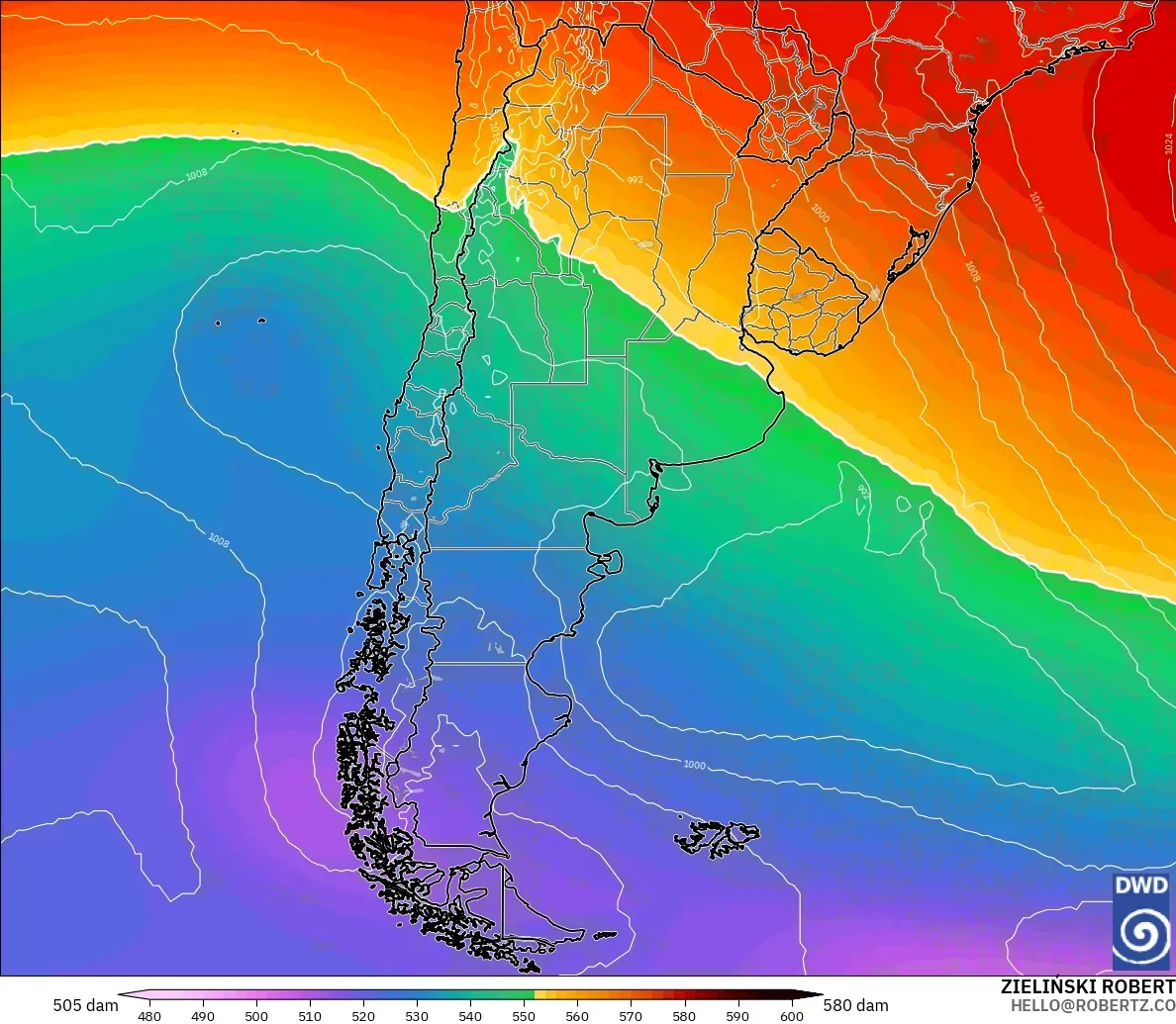 ICON modelo - Argentina, Altura geopotencial a 500 hPa
