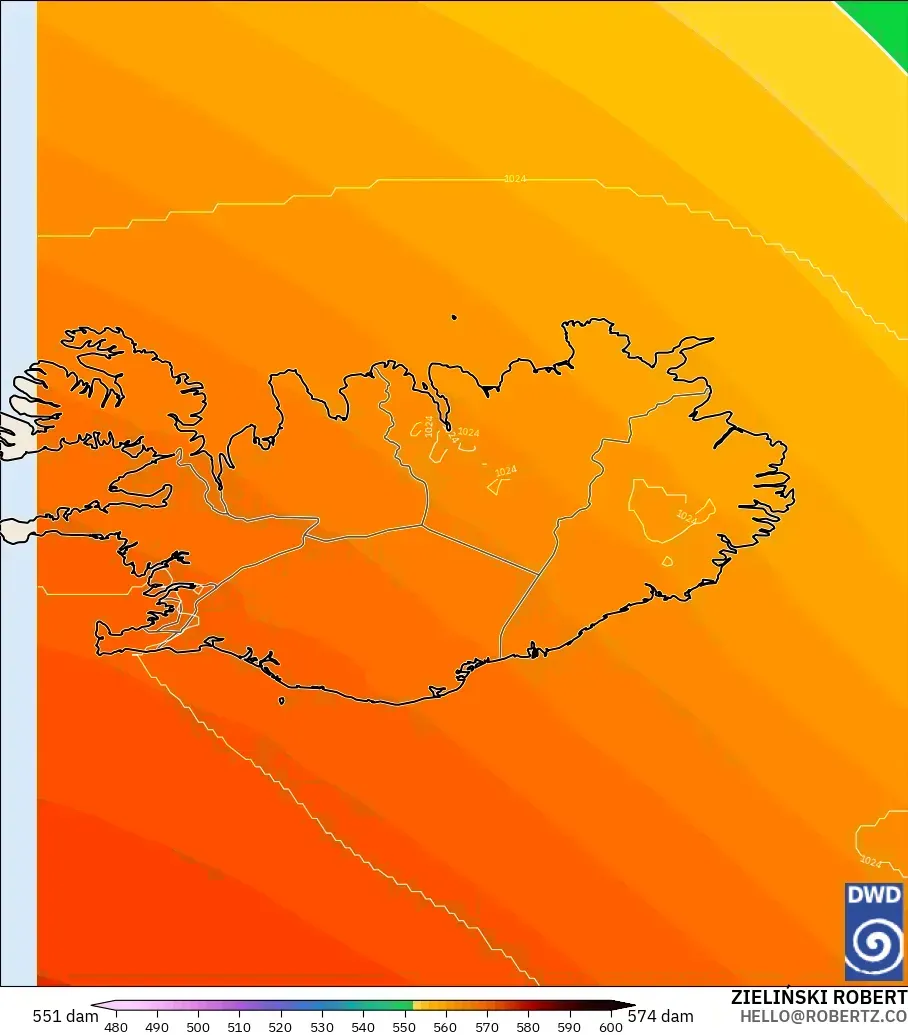 ICON modelo - Islandia, Altura geopotencial a 500 hPa