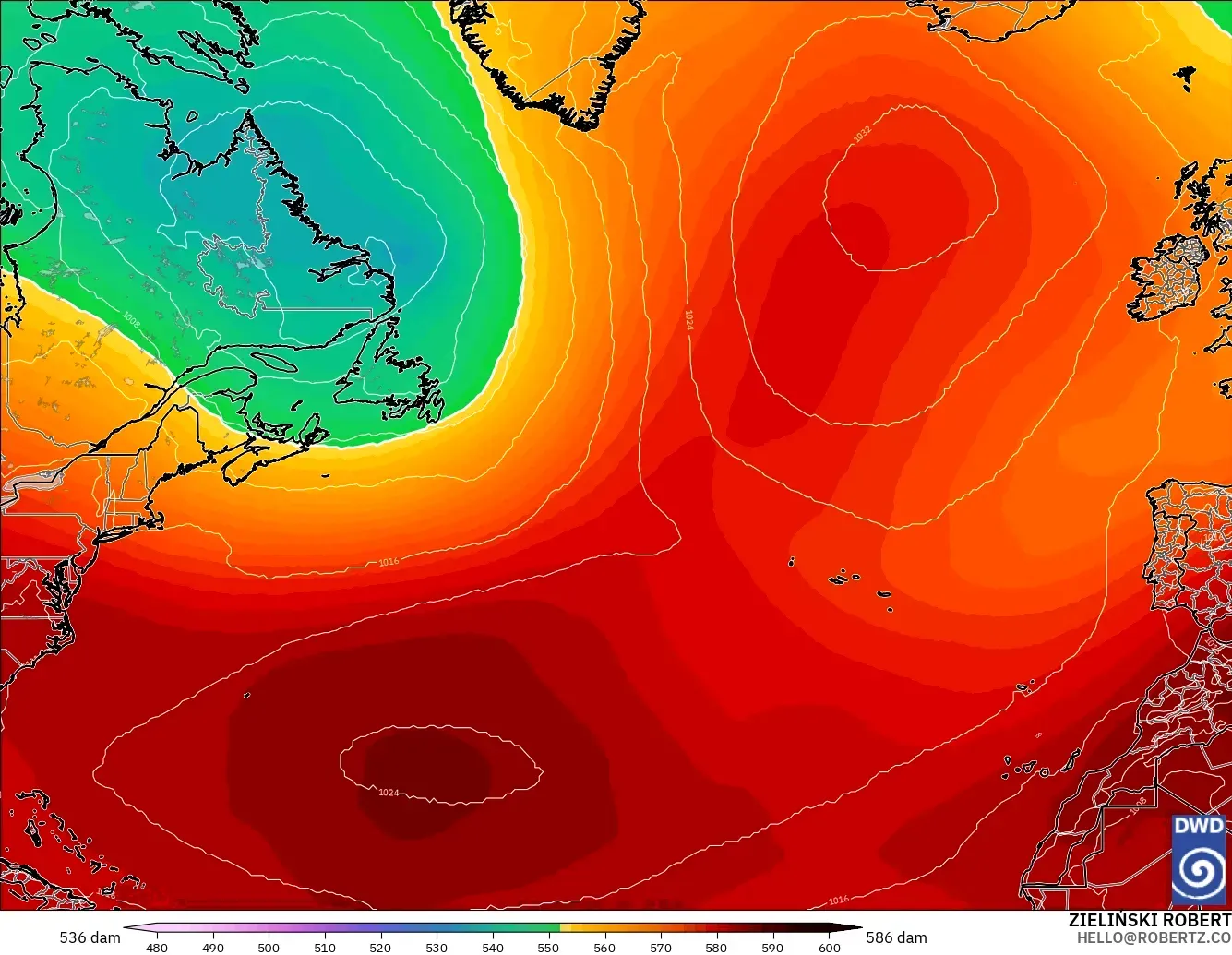 ICON modelo - Norte Atlántico, Altura geopotencial a 500 hPa