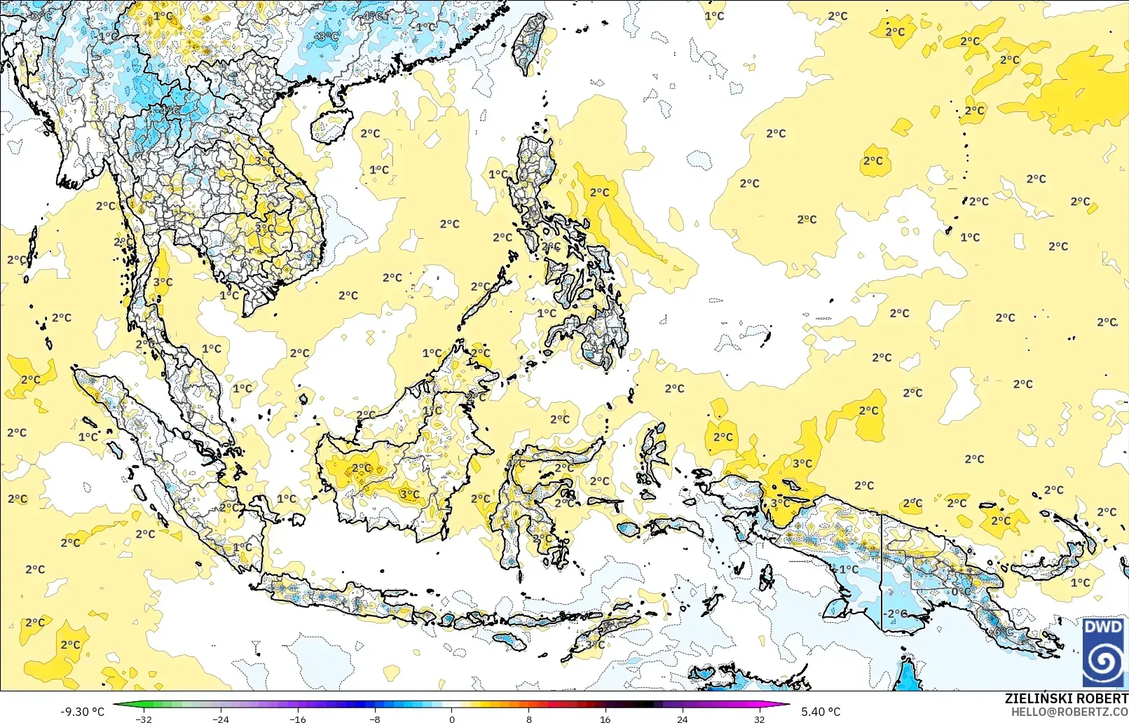 ICON modelo - Sudeste Asiático, Anomalía de temperatura a 2 m
